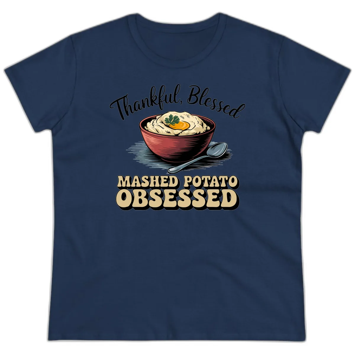 Mashed Potato Obsessed Thanksgiving Graphic Ladies Tee in Navy