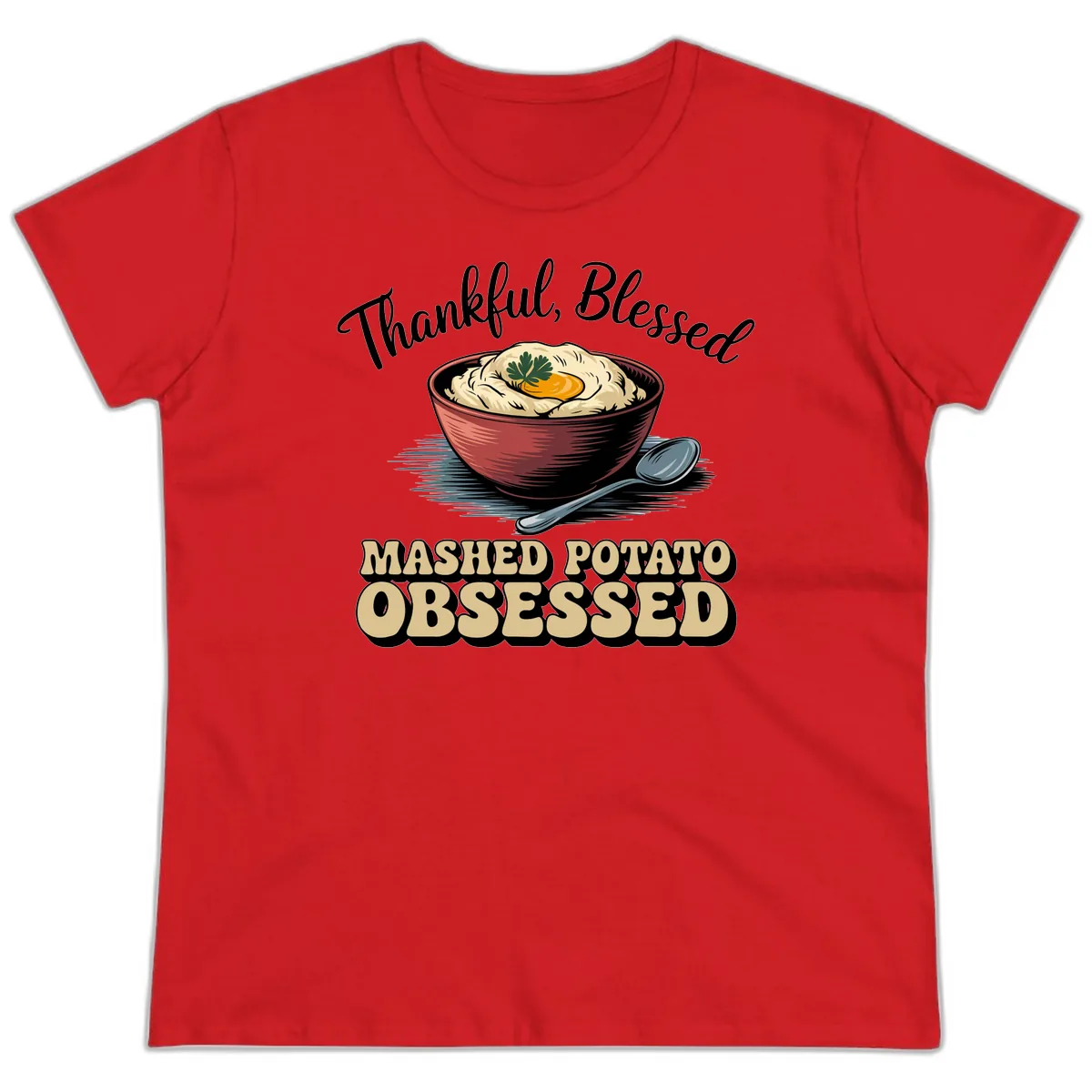 Mashed Potato Obsessed Thanksgiving Graphic Ladies Tee in Red