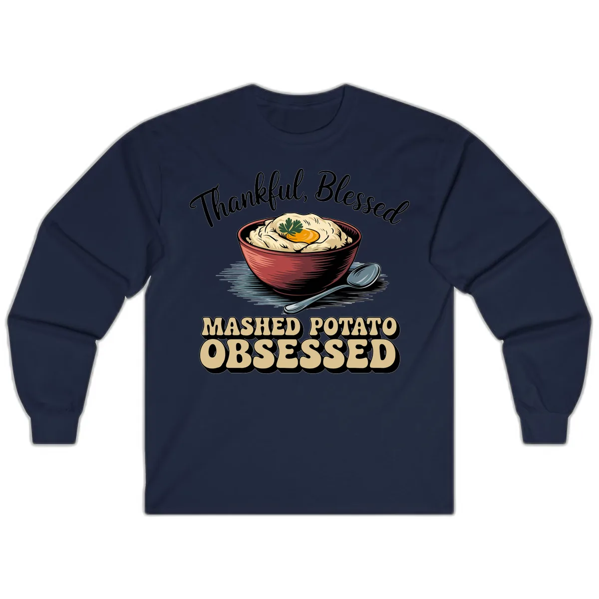 Mashed Potato Obsessed Thanksgiving Graphic Long Sleeve in Navy