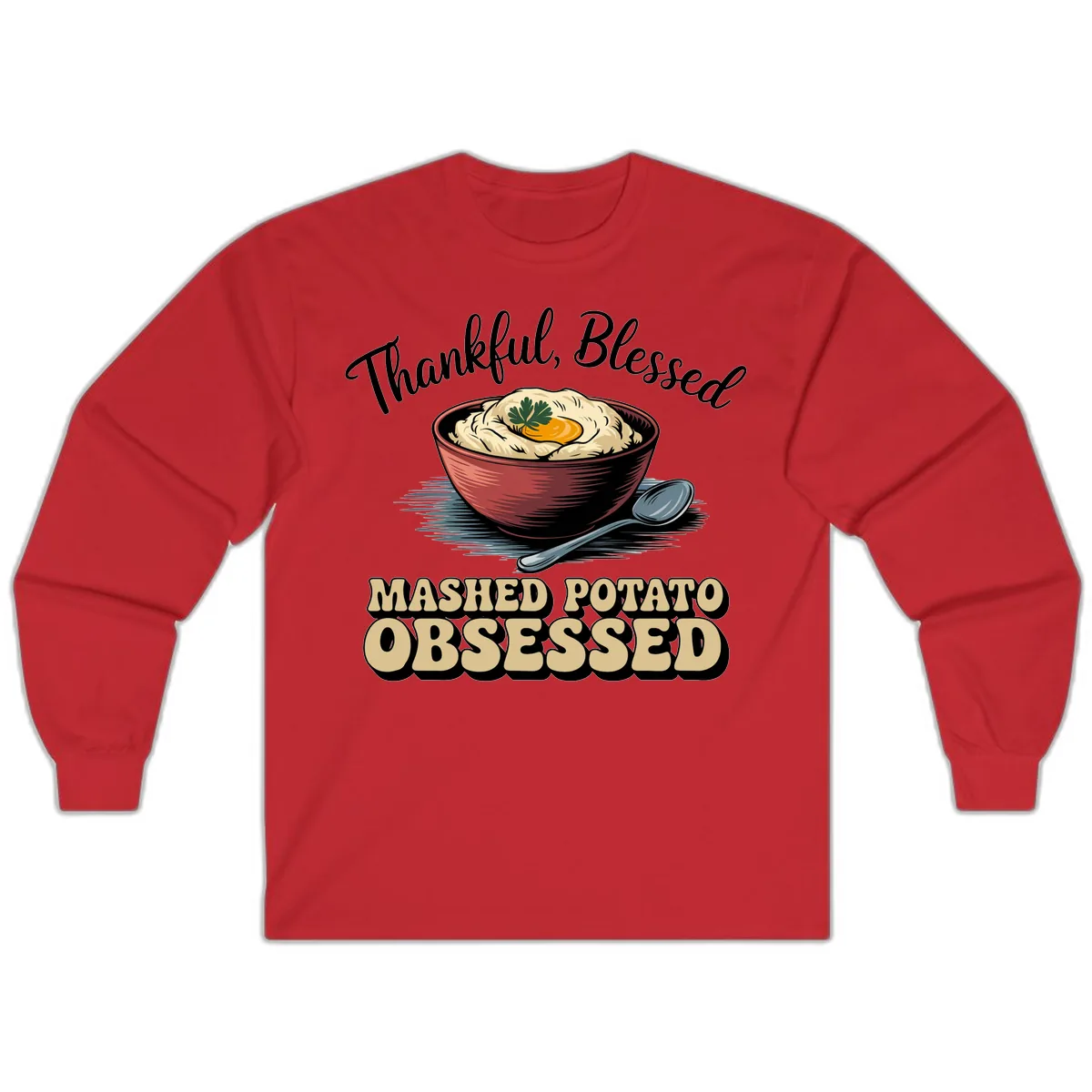 Mashed Potato Obsessed Thanksgiving Graphic Long Sleeve in Red