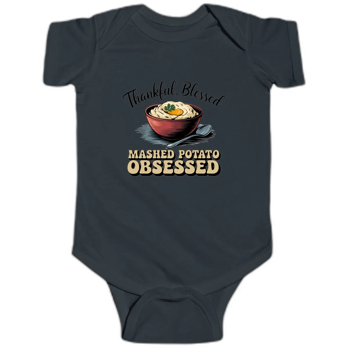 Mashed Potato Obsessed Thanksgiving Graphic Baby Onesie in Black