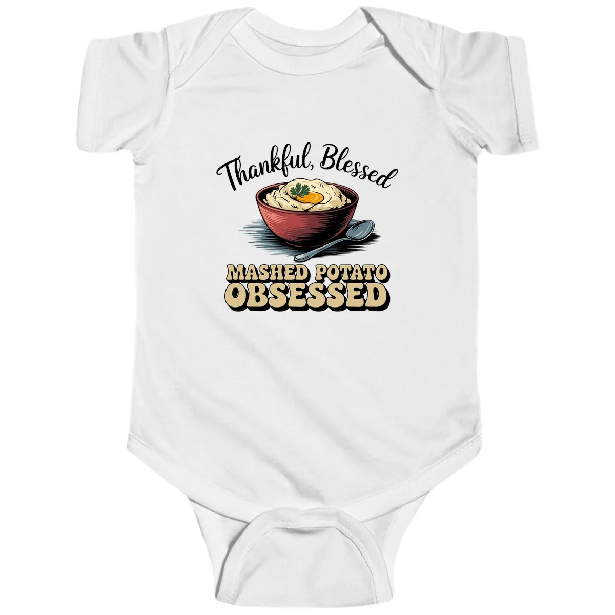 Mashed Potato Obsessed Thanksgiving Graphic Baby Onesie in White