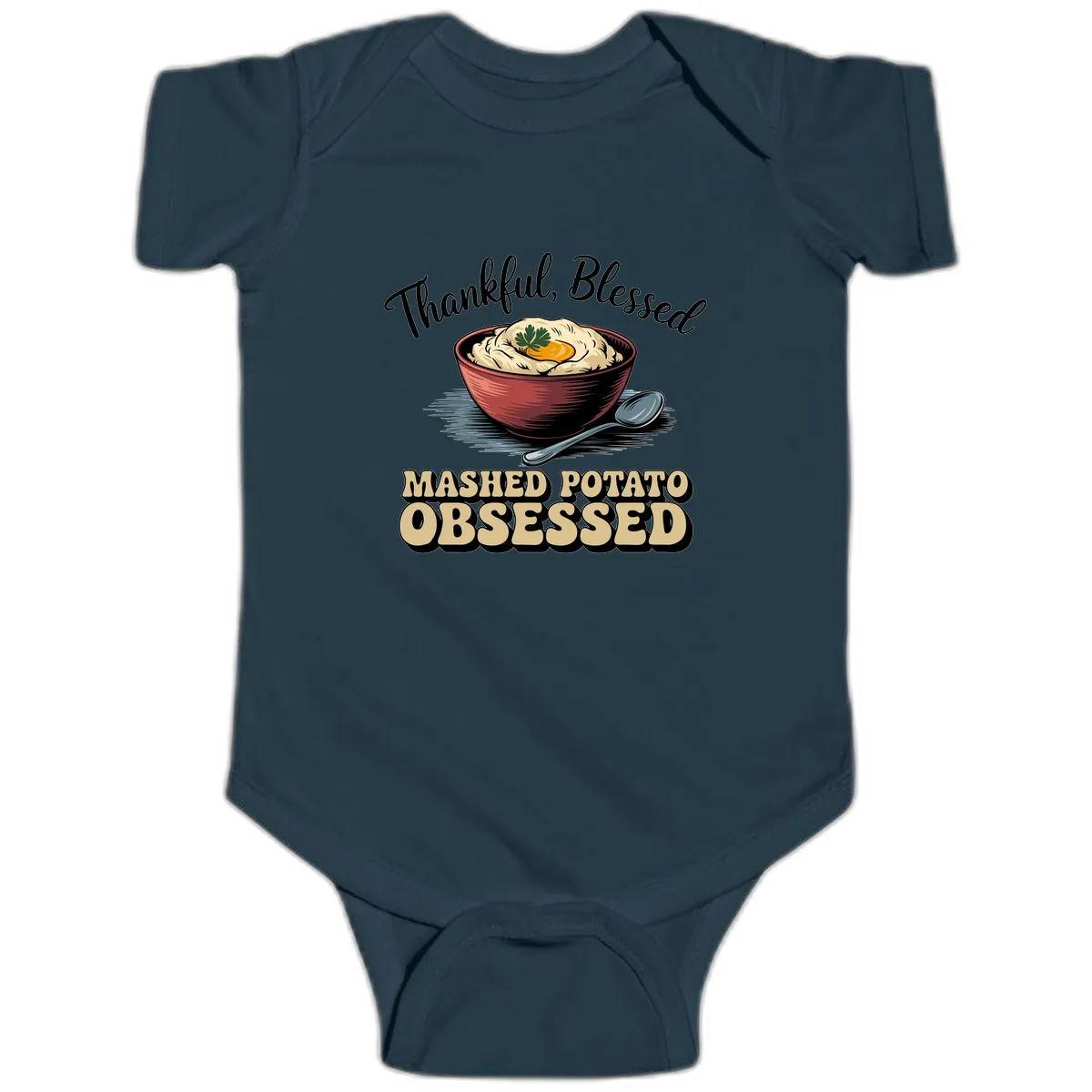 Mashed Potato Obsessed Thanksgiving Graphic Baby Onesie in Navy
