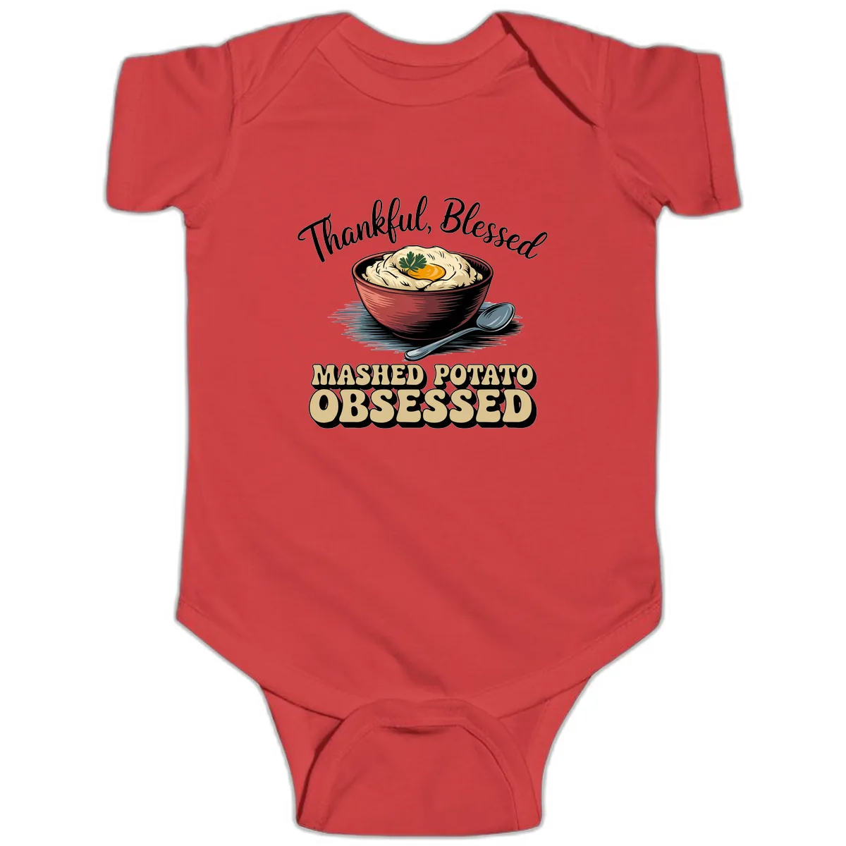 Mashed Potato Obsessed Thanksgiving Graphic Baby Onesie in Red