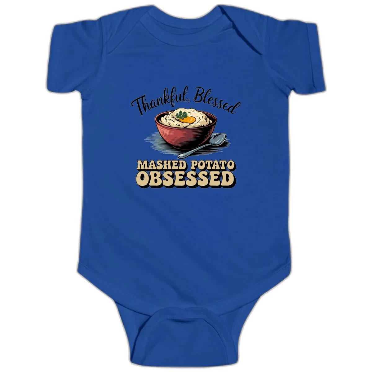 Mashed Potato Obsessed Thanksgiving Graphic Baby Onesie in Royal