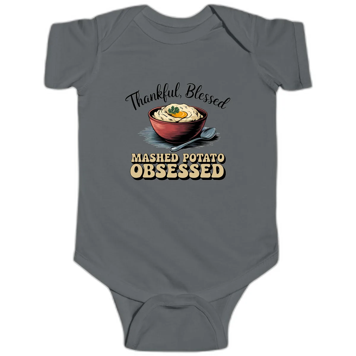 Mashed Potato Obsessed Thanksgiving Graphic Baby Onesie in Charcoal