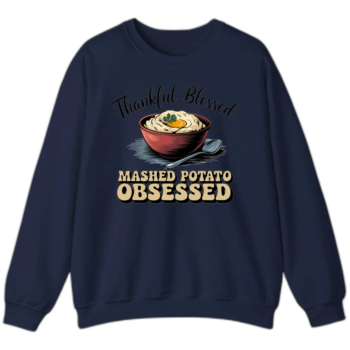 Mashed Potato Obsessed Thanksgiving Graphic Sweatshirt in Navy
