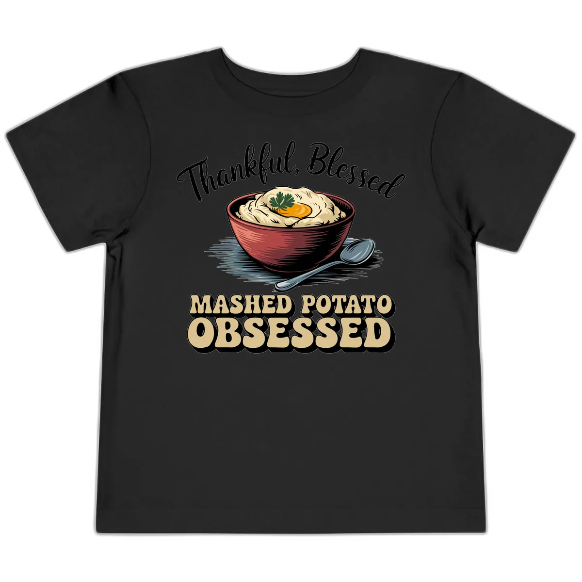 Mashed Potato Obsessed Thanksgiving Graphic Toddler T-Shirt in Black