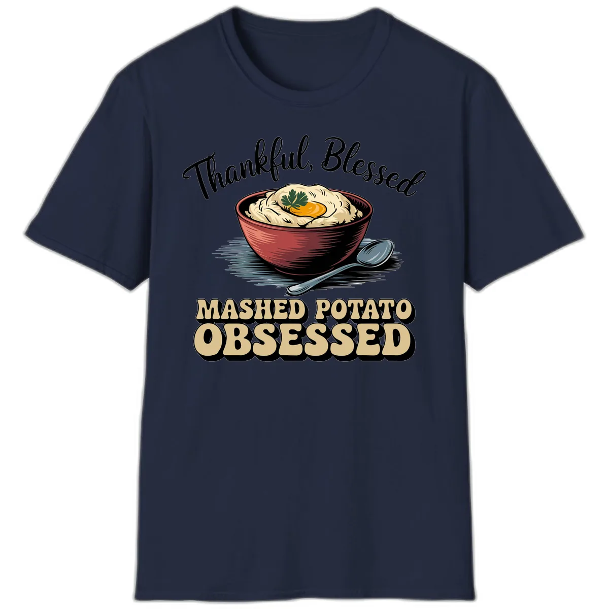 Mashed Potato Obsessed Thanksgiving Graphic T-Shirt in Navy