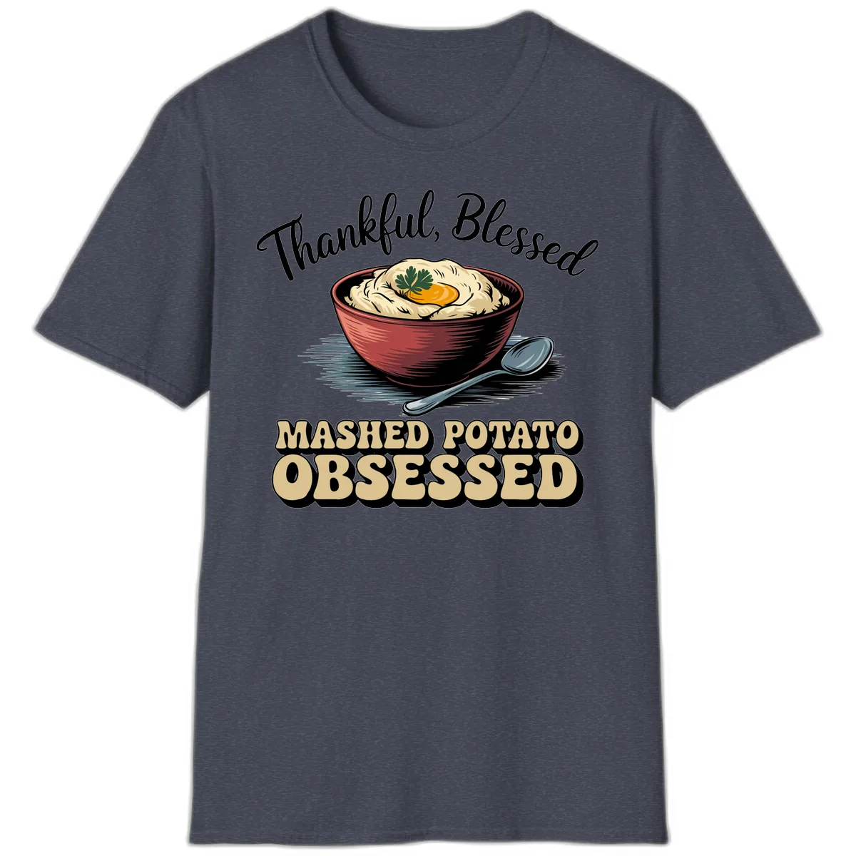 Mashed Potato Obsessed Thanksgiving Graphic T-Shirt in Heather Navy