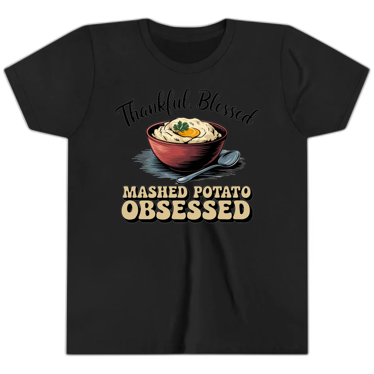 Mashed Potato Obsessed Thanksgiving Graphic Youth T-Shirt in Black