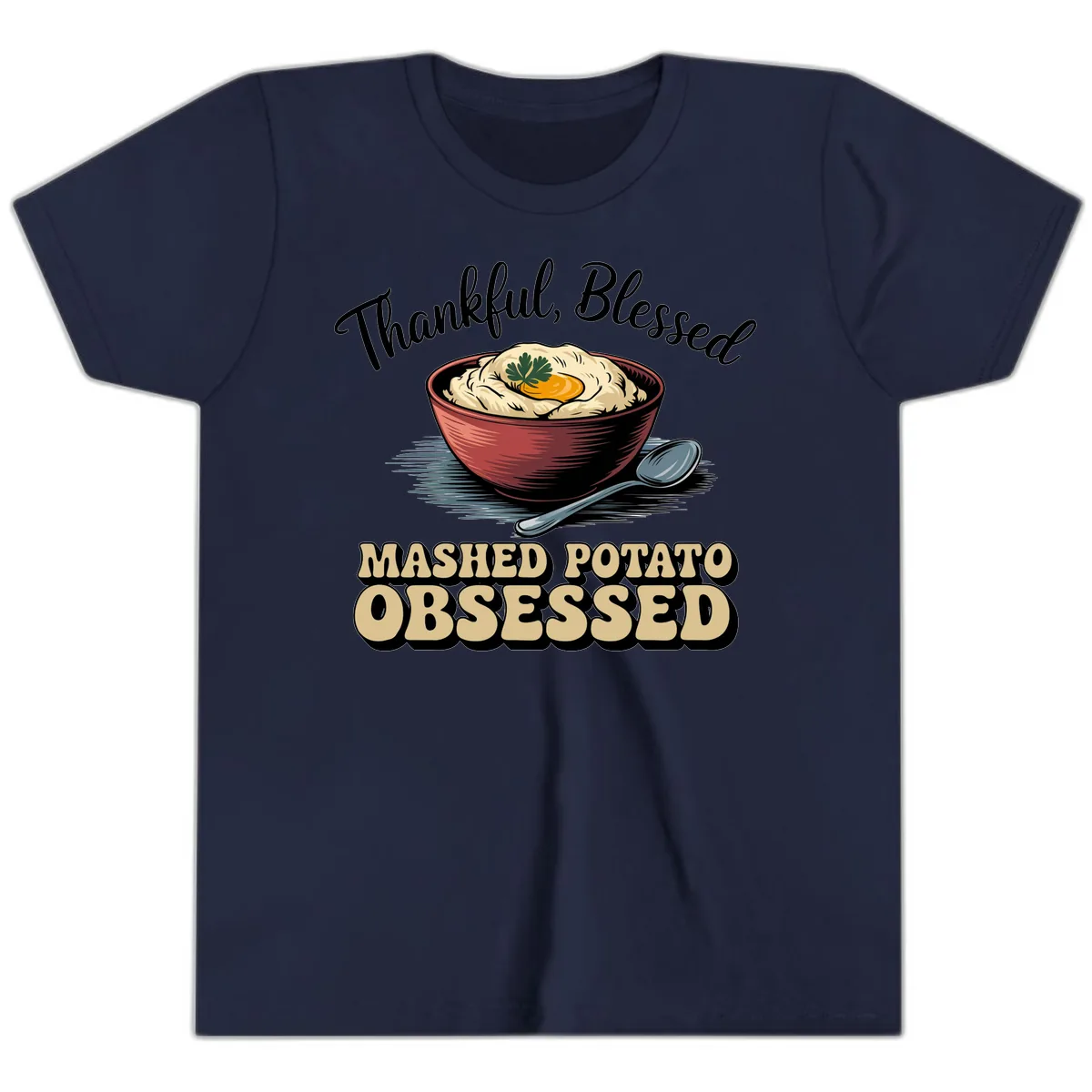 Mashed Potato Obsessed Thanksgiving Graphic Youth T-Shirt in Navy