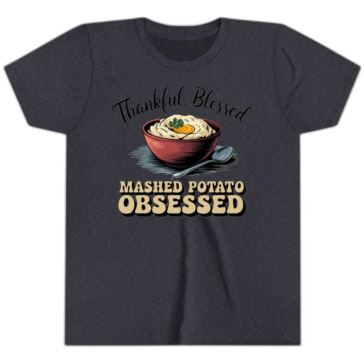 Mashed Potato Obsessed Thanksgiving Graphic Youth T-Shirt in Heather Navy