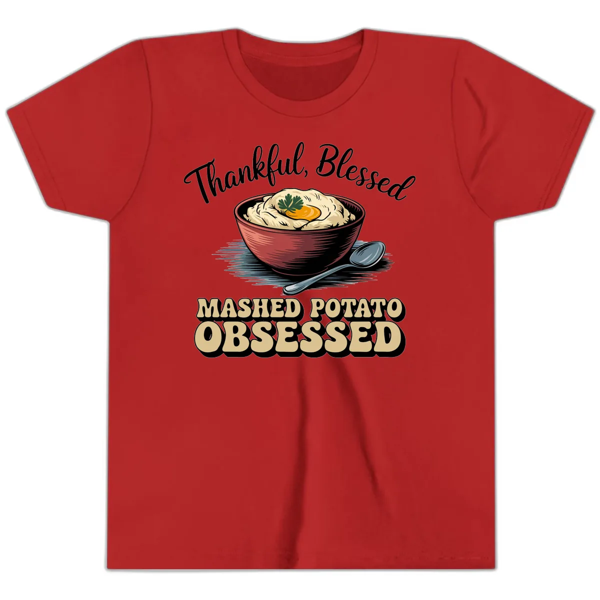 Mashed Potato Obsessed Thanksgiving Graphic Youth T-Shirt in Red