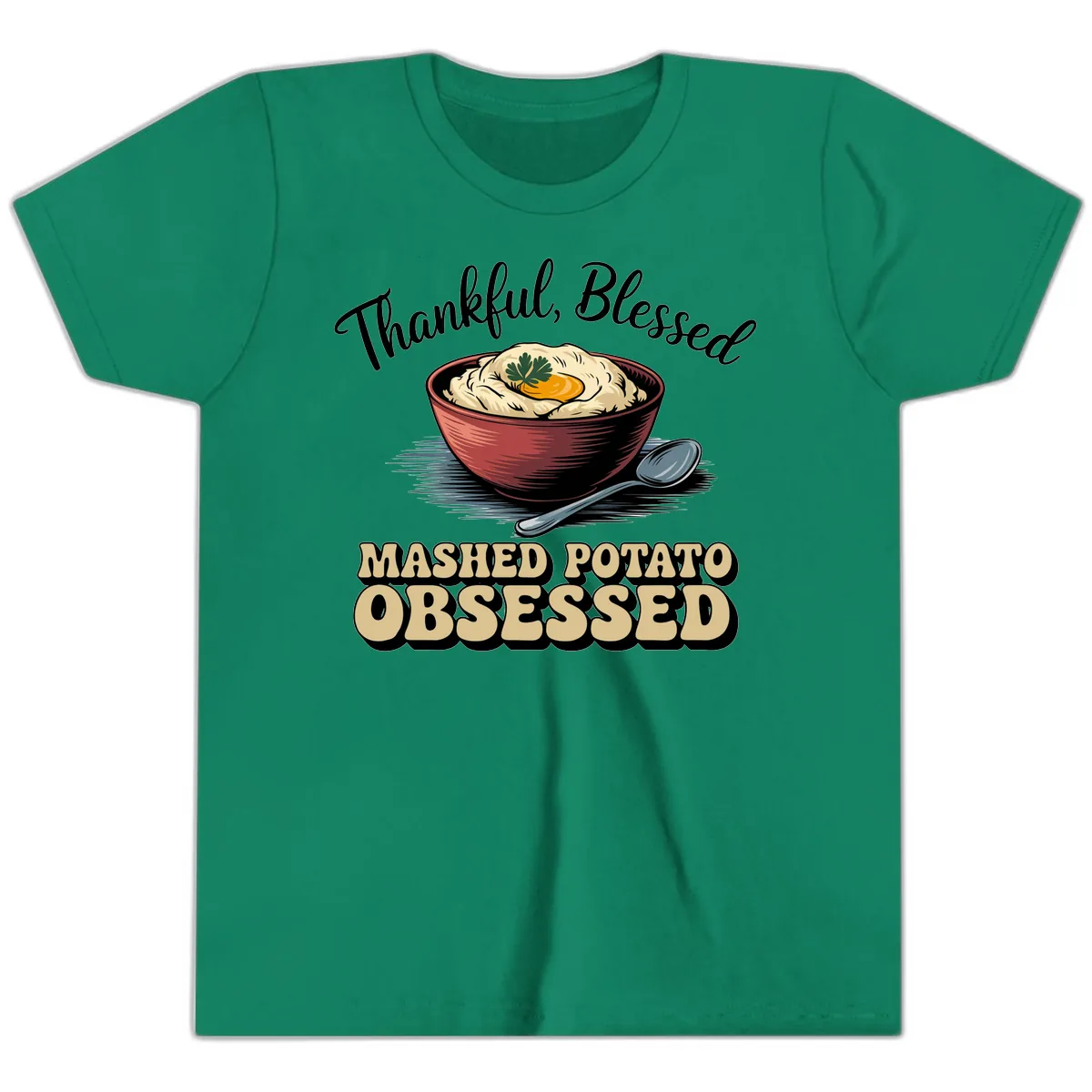 Mashed Potato Obsessed Thanksgiving Graphic Youth T-Shirt in Kelly