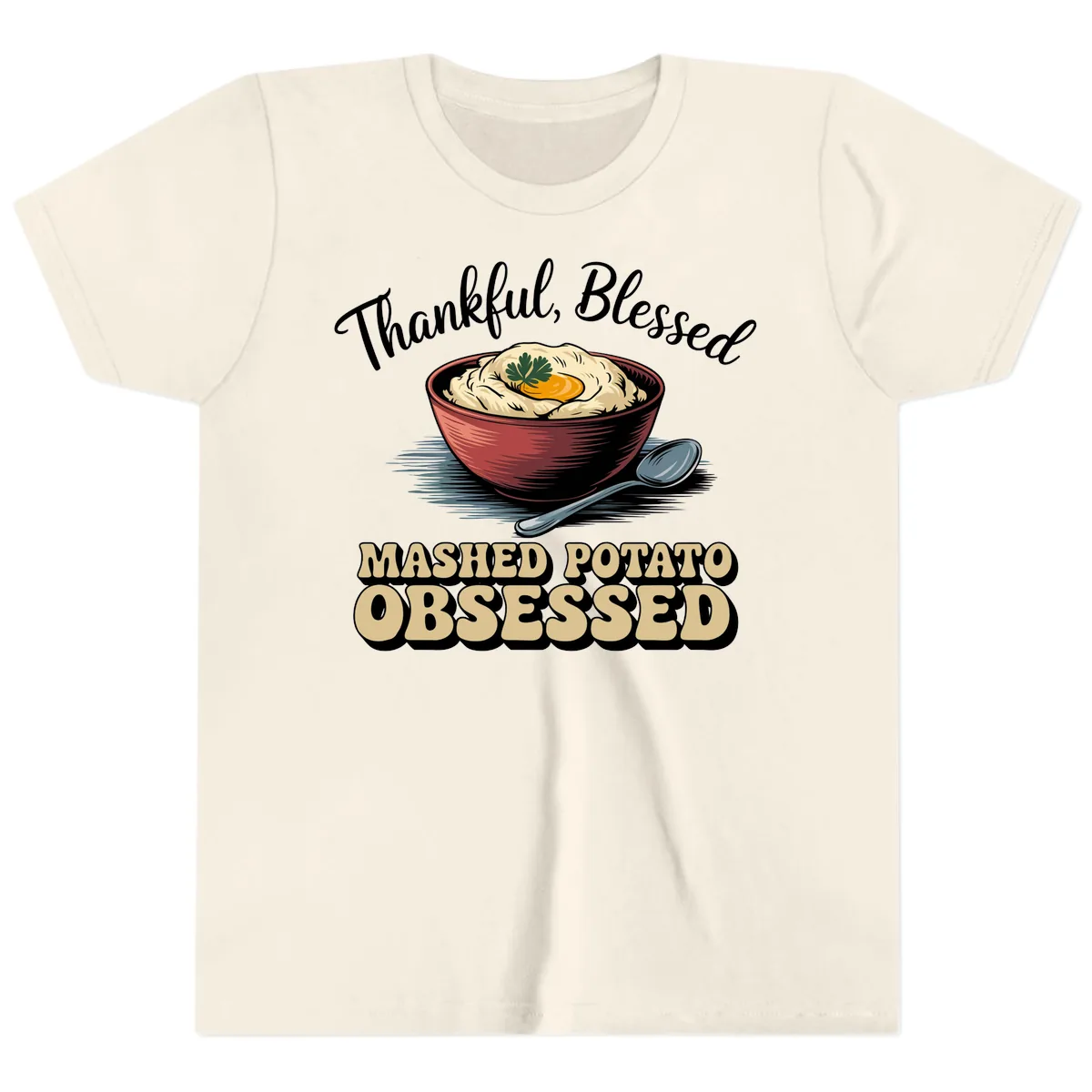 Mashed Potato Obsessed Thanksgiving Graphic Youth T-Shirt in Natural