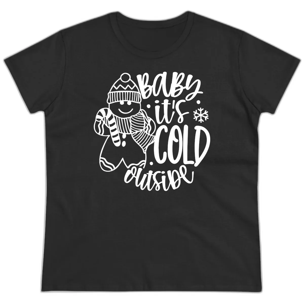 Baby It's Cold Outside Gingerbread Design Ladies Tee in Black