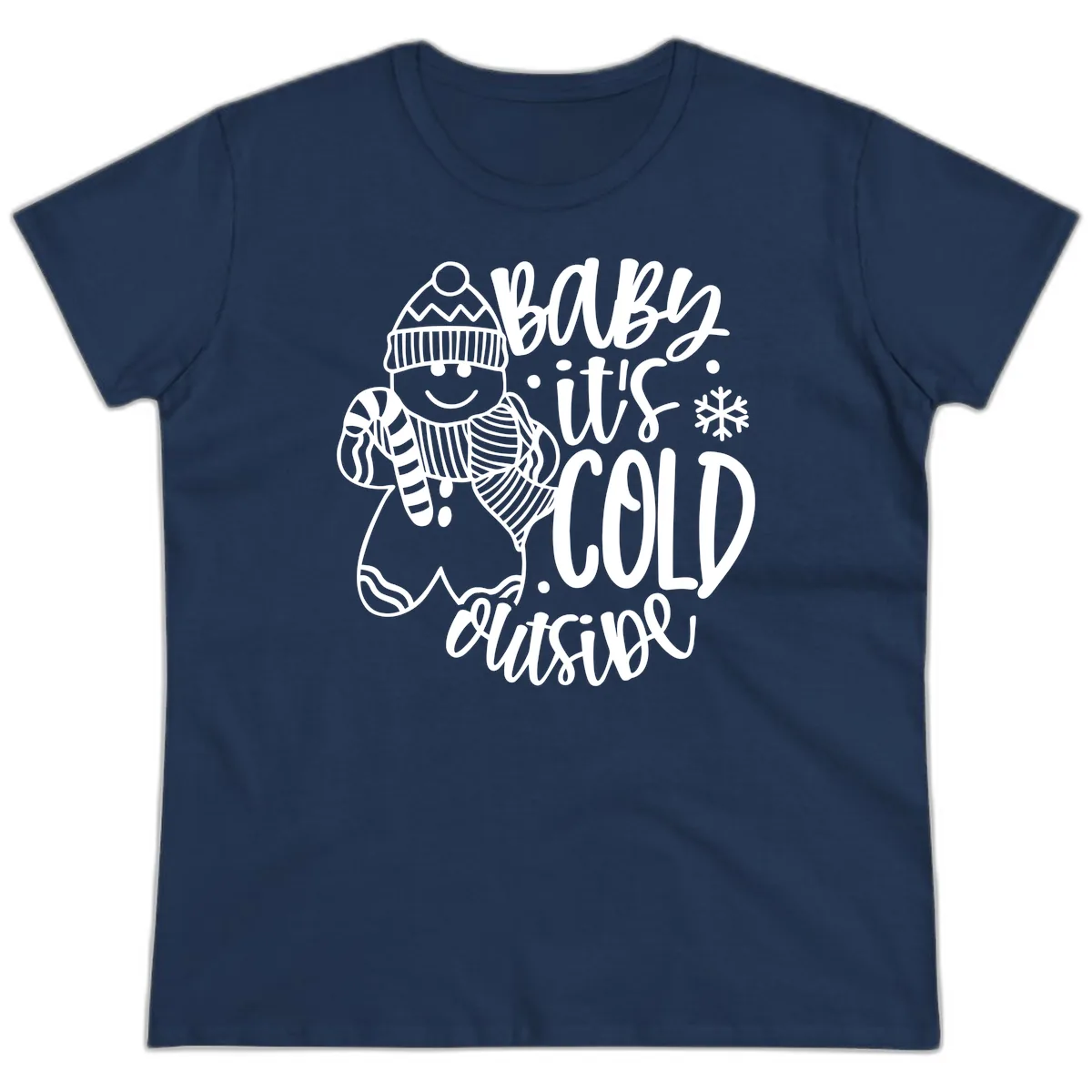 Baby It's Cold Outside Gingerbread Design Ladies Tee in Navy