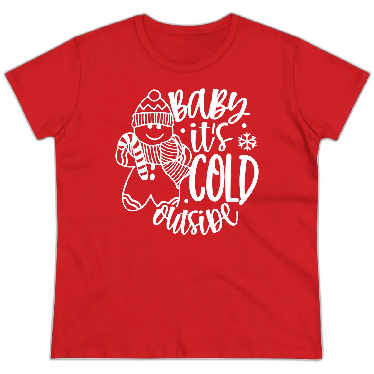 Baby It's Cold Outside Gingerbread Design Ladies Tee in Red