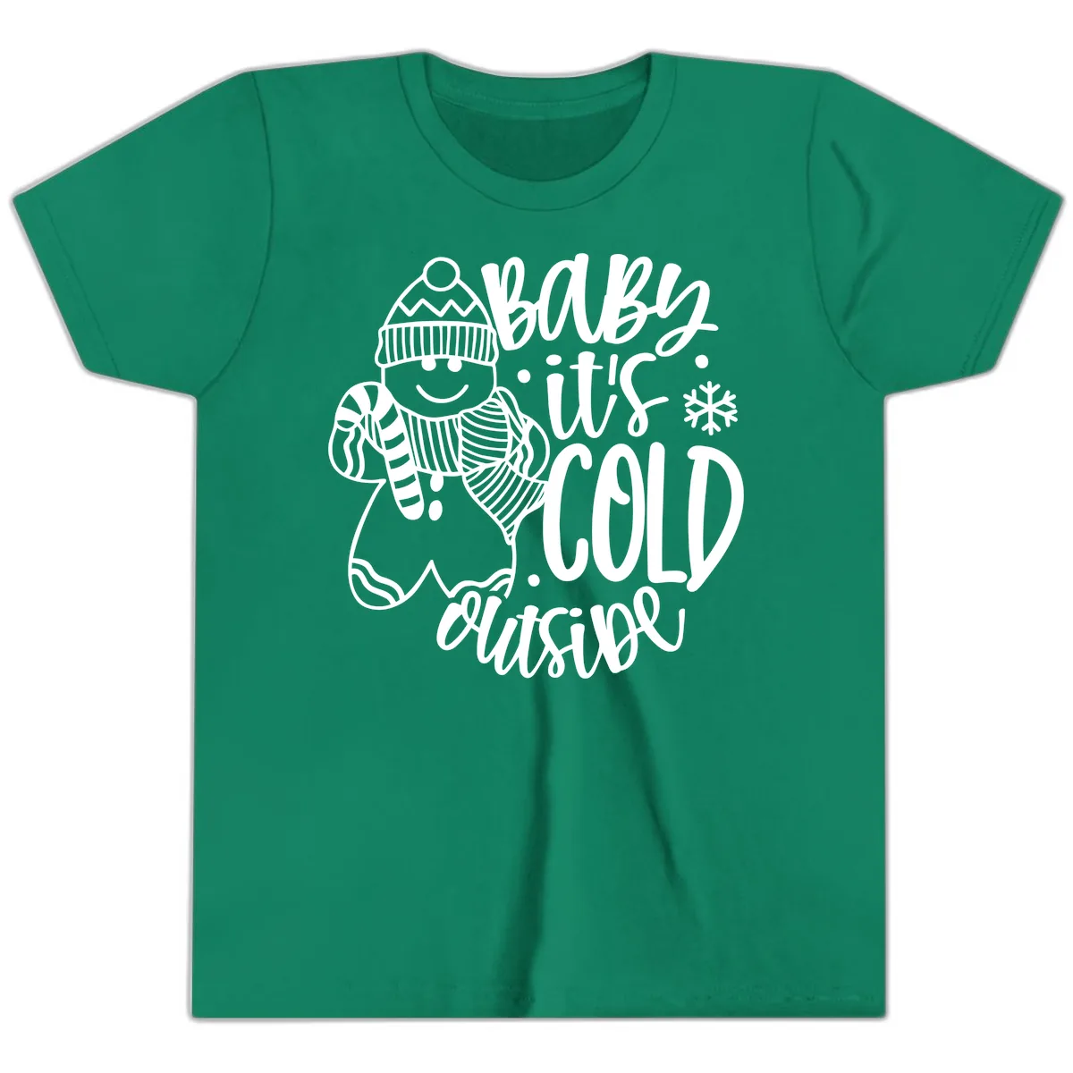 Baby It's Cold Outside Gingerbread Design Youth T-Shirt in Kelly
