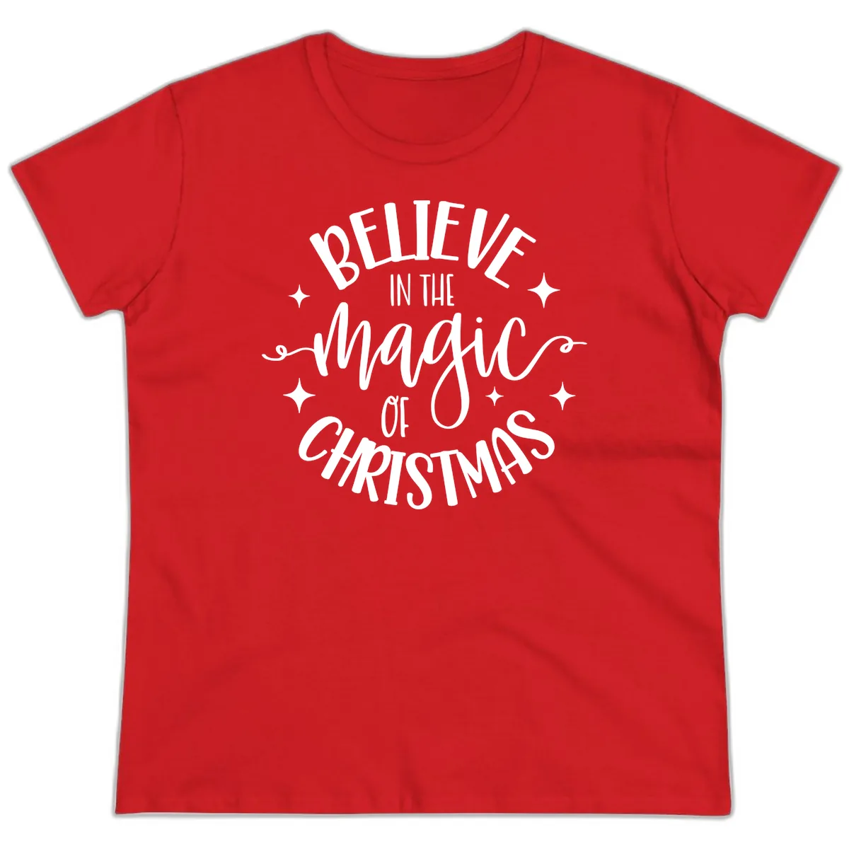 Believe In The Magic Of Christmas Ladies Tee in Red
