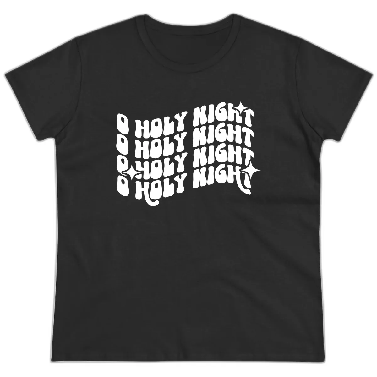 O Holy Night Retro Wavy Text Ladies Tee in Black