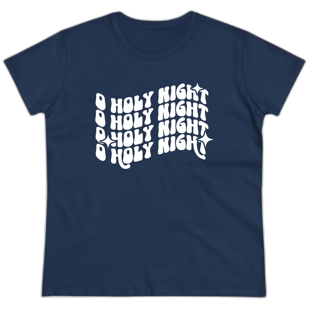 O Holy Night Retro Wavy Text Ladies Tee in Navy