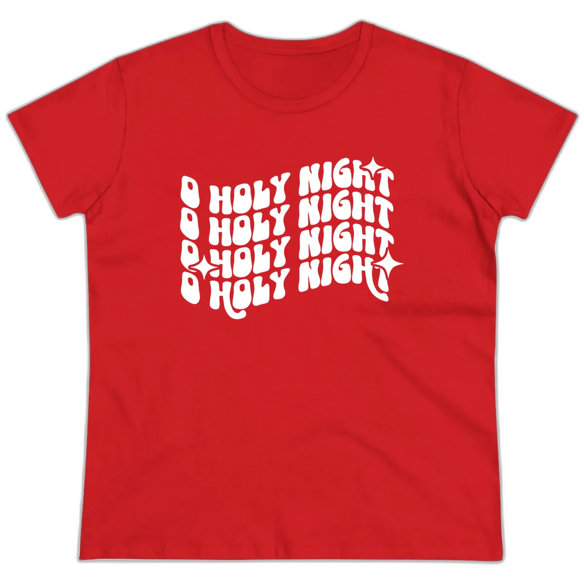 O Holy Night Retro Wavy Text Ladies Tee in Red