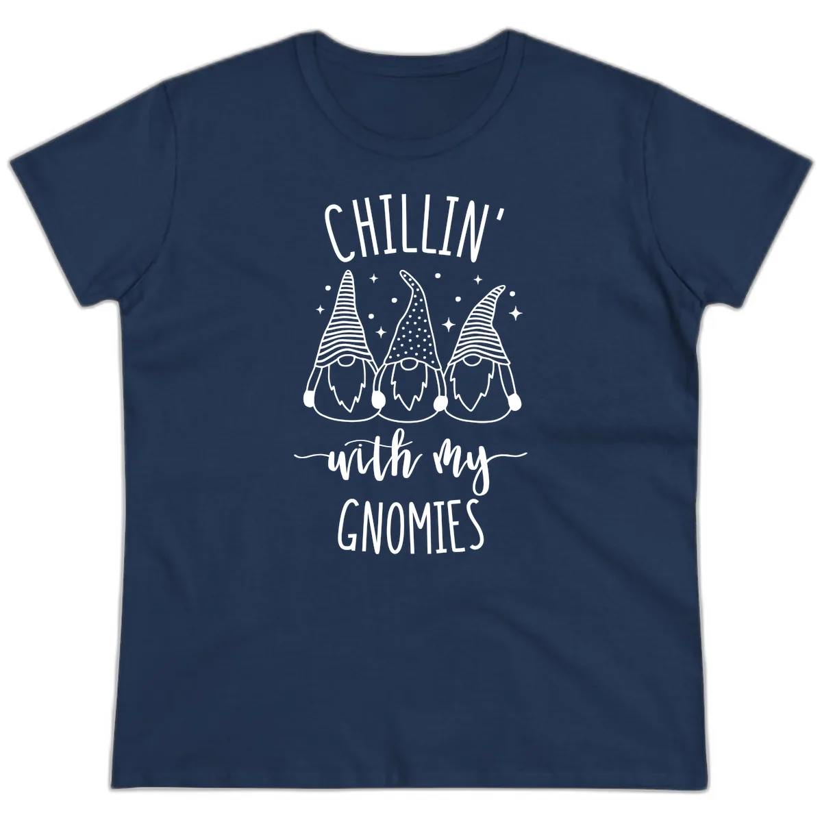 Chillin With My Gnomies Holiday Design Ladies Tee in Navy