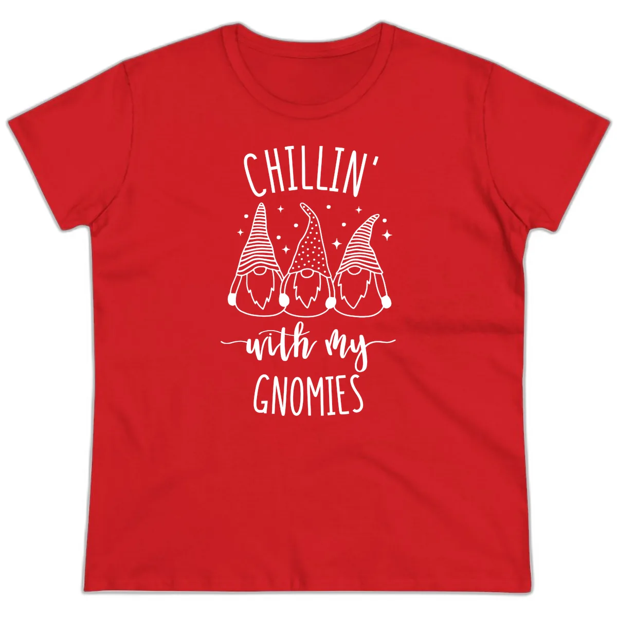 Chillin With My Gnomies Holiday Design Ladies Tee in Red
