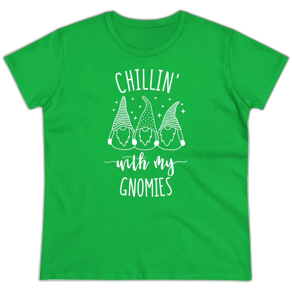 Chillin With My Gnomies Holiday Design Ladies Tee in Irish Green