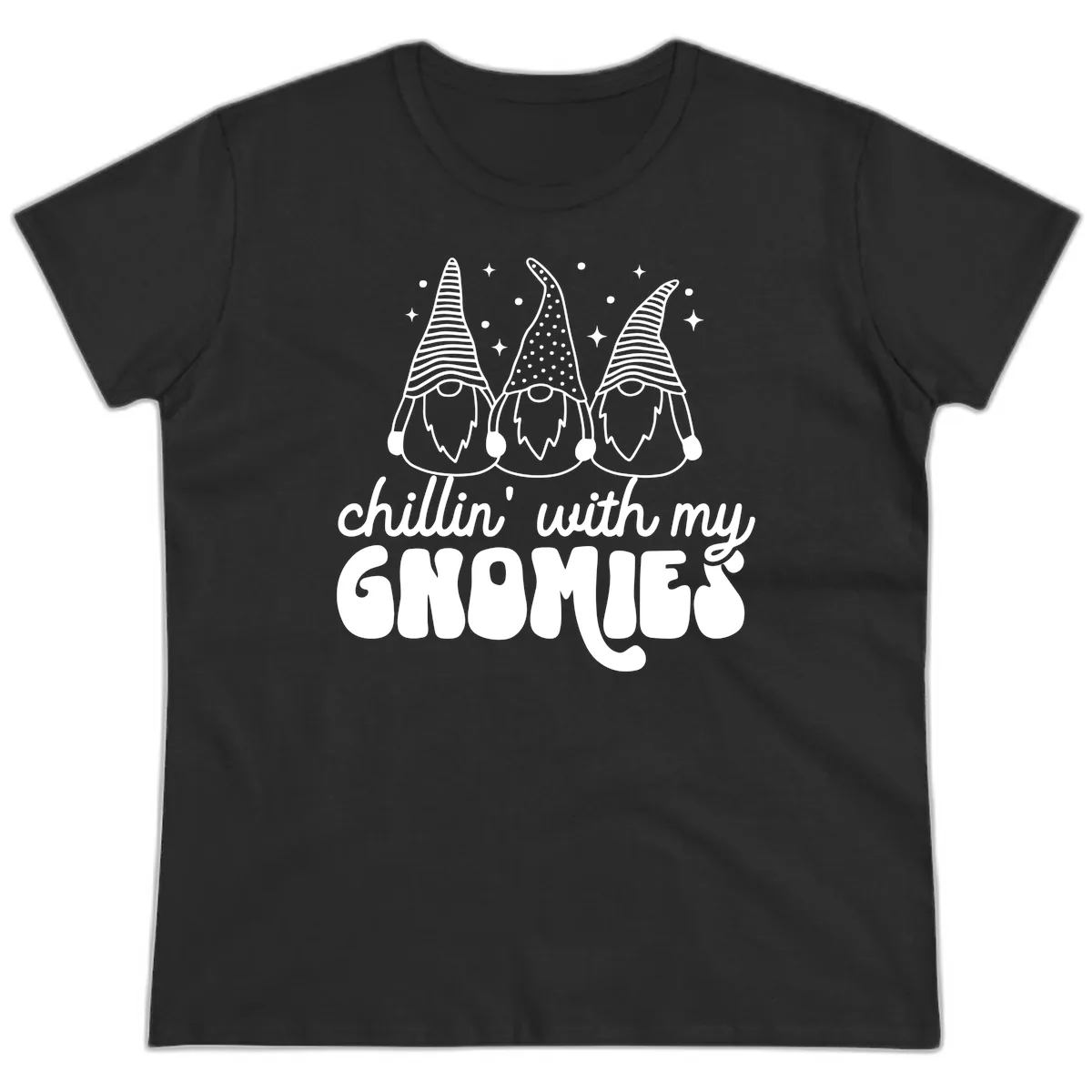 Chillin With My Gnomies Holiday Design Ladies Tee in Black