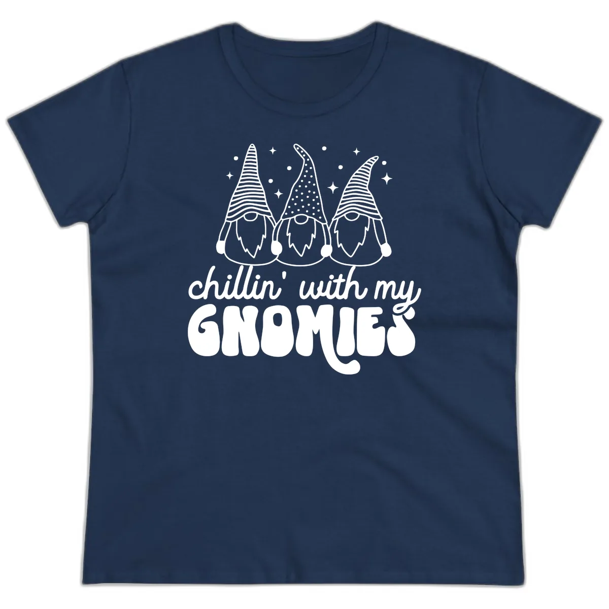 Chillin With My Gnomies Holiday Design Ladies Tee in Navy