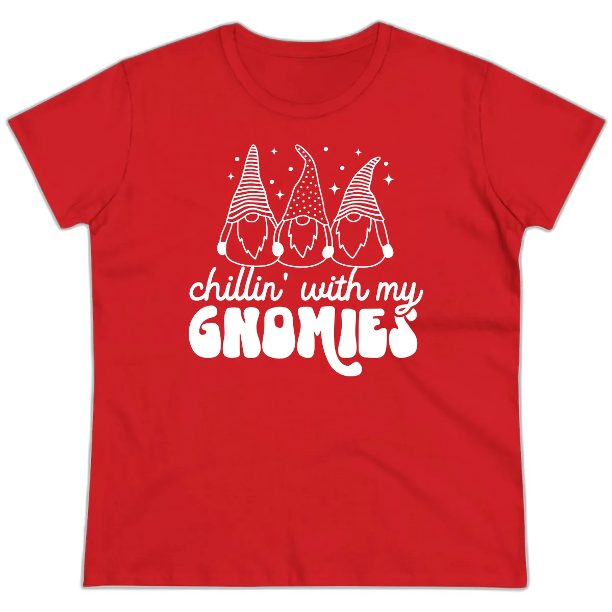 Chillin With My Gnomies Holiday Design Ladies Tee in Red