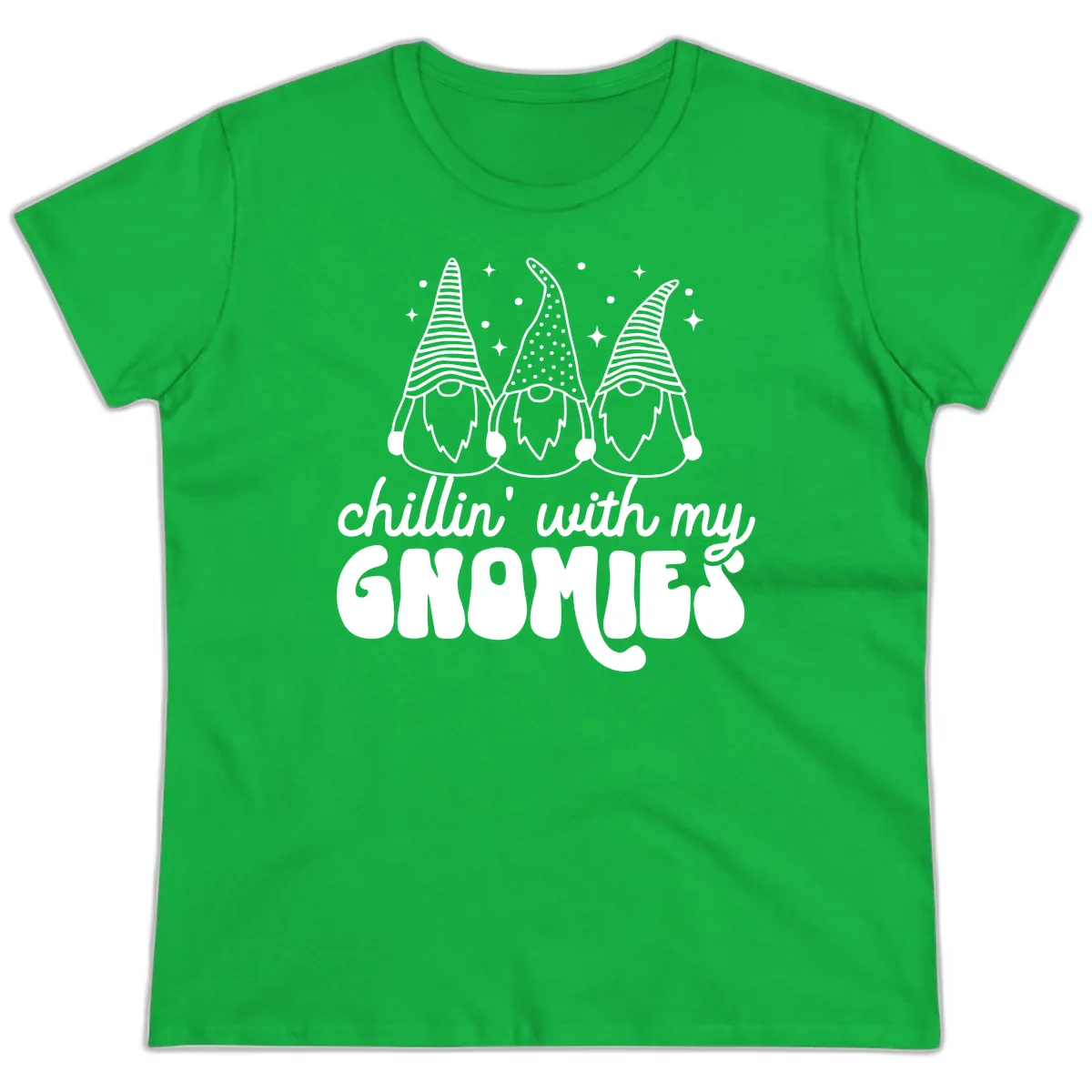 Chillin With My Gnomies Holiday Design Ladies Tee in Irish Green