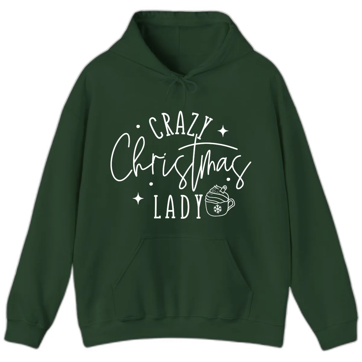 Crazy Christmas Lady Design Hoodie in Forest Green