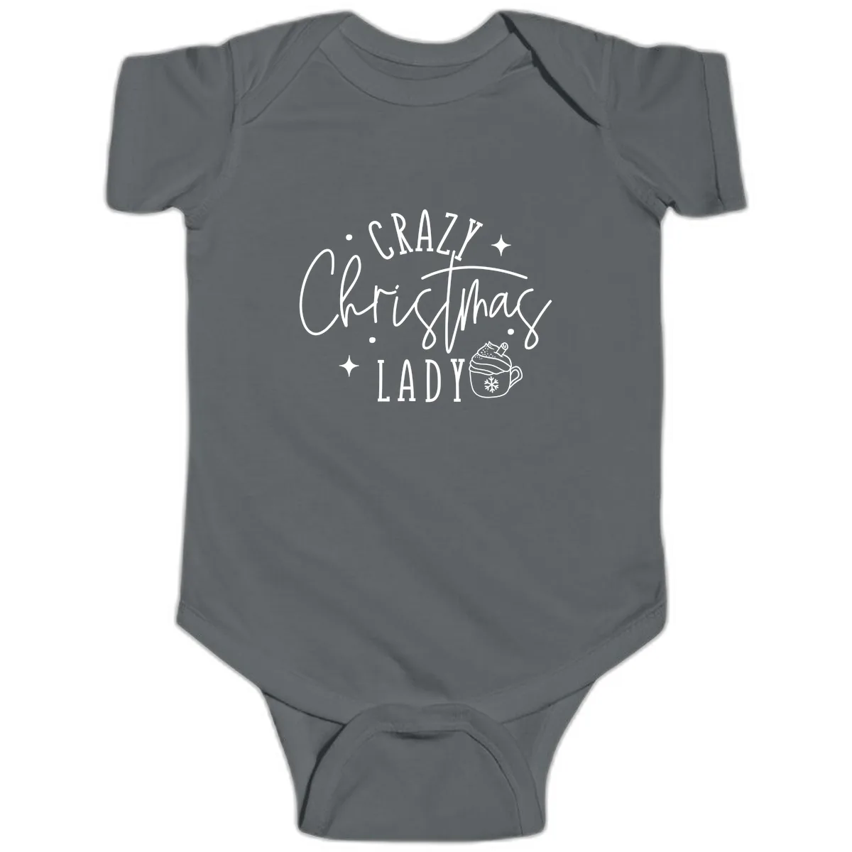 Crazy Christmas Lady Design Baby Onesie in Charcoal