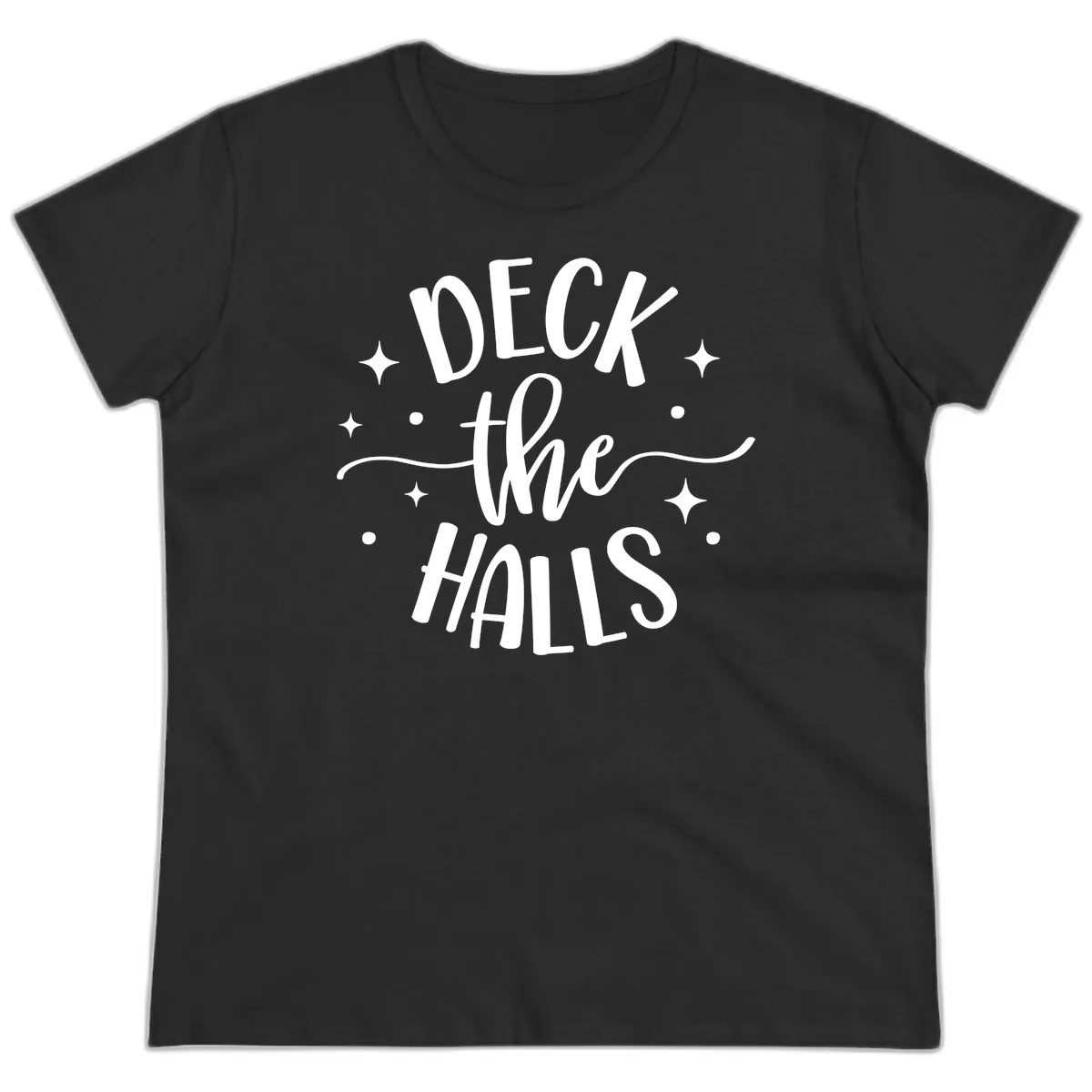 Deck The Halls Holiday Typography Ladies Tee in Black