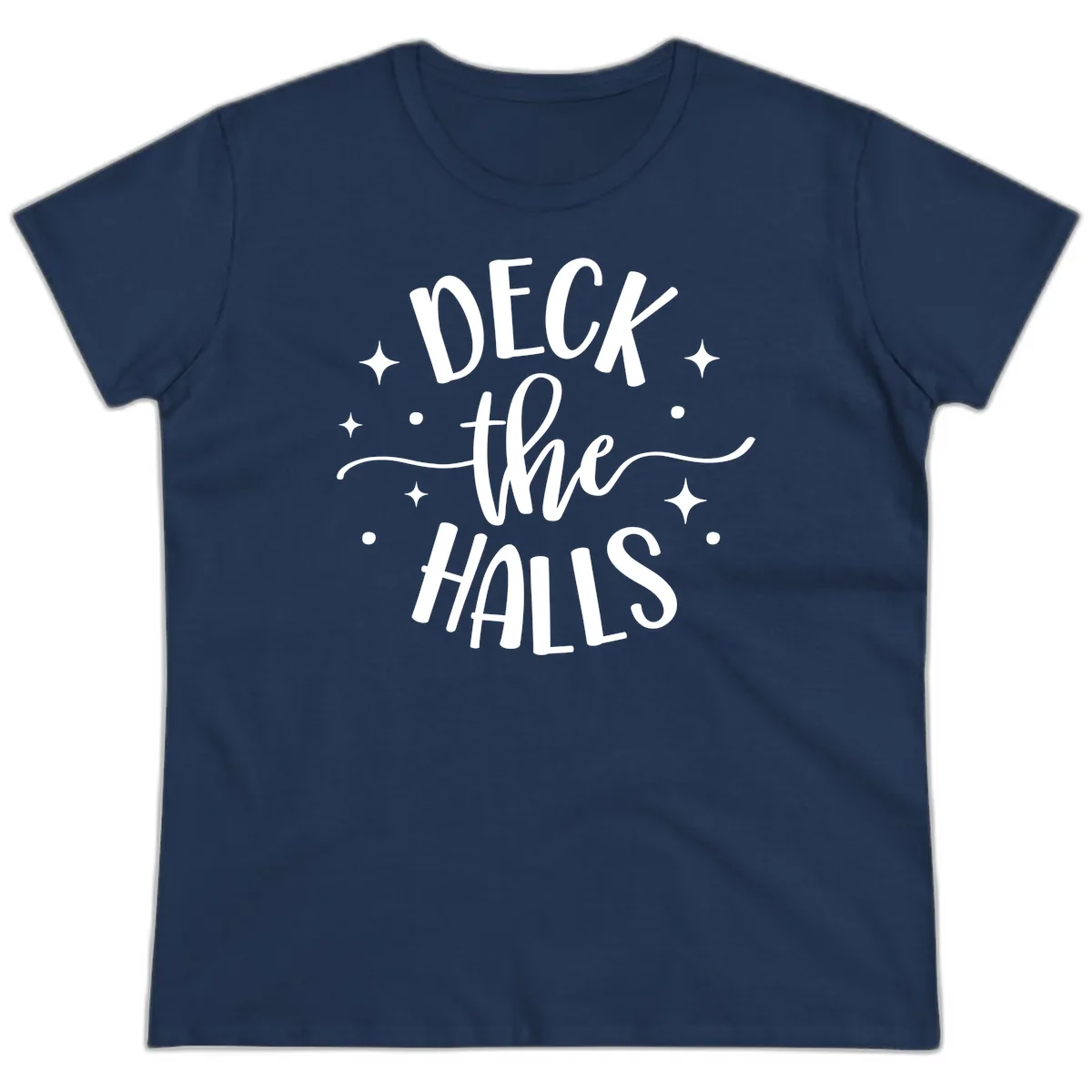 Deck The Halls Holiday Typography Ladies Tee in Navy