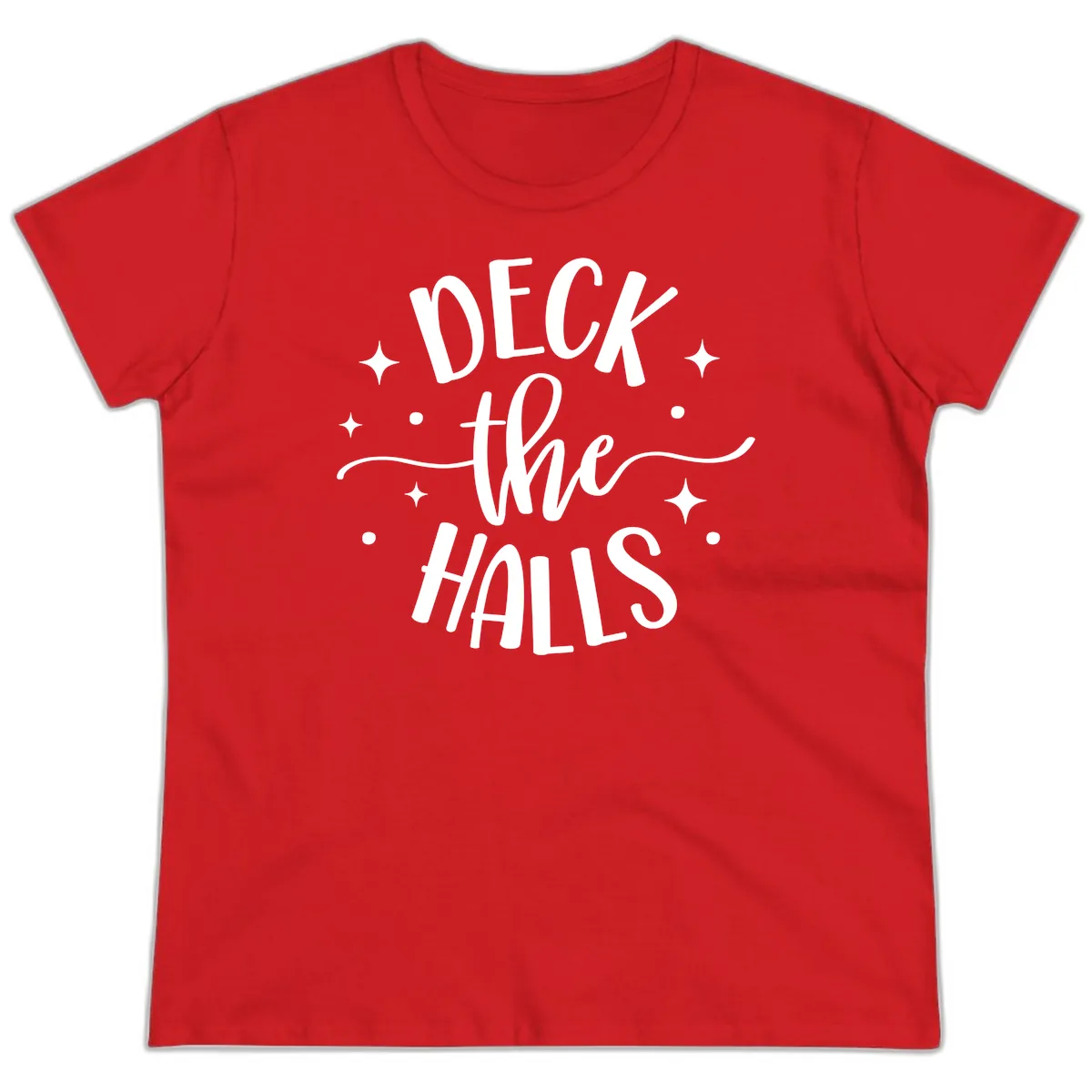 Deck The Halls Holiday Typography Ladies Tee in Red