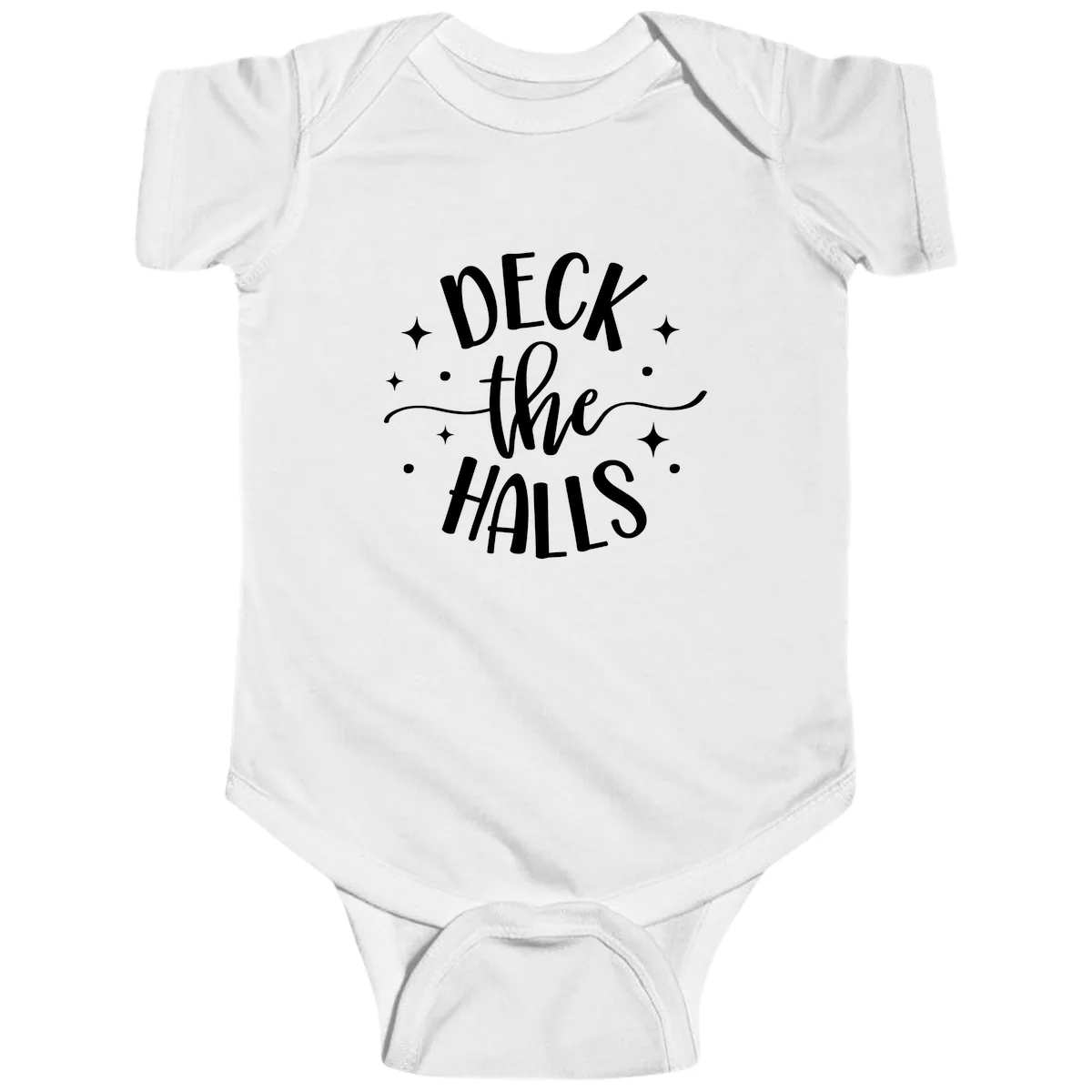 Deck The Halls Holiday Typography Baby Onesie in White