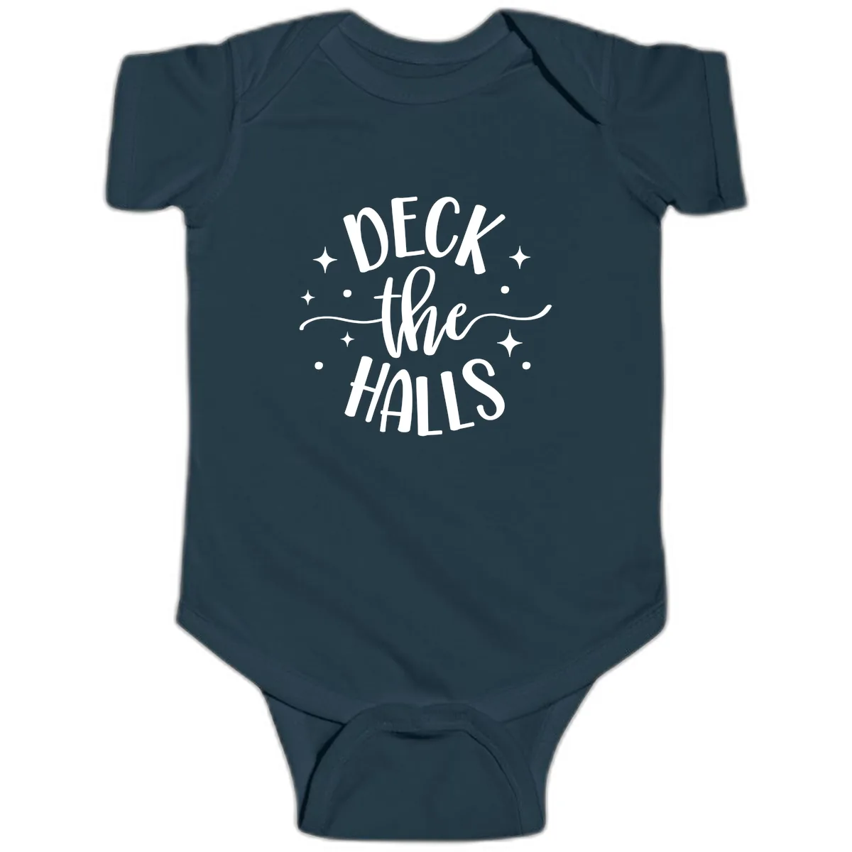 Deck The Halls Holiday Typography Baby Onesie in Navy