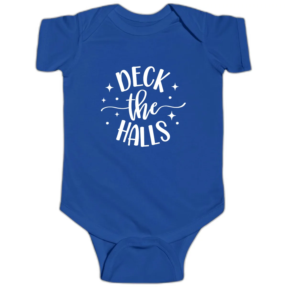 Deck The Halls Holiday Typography Baby Onesie in Royal