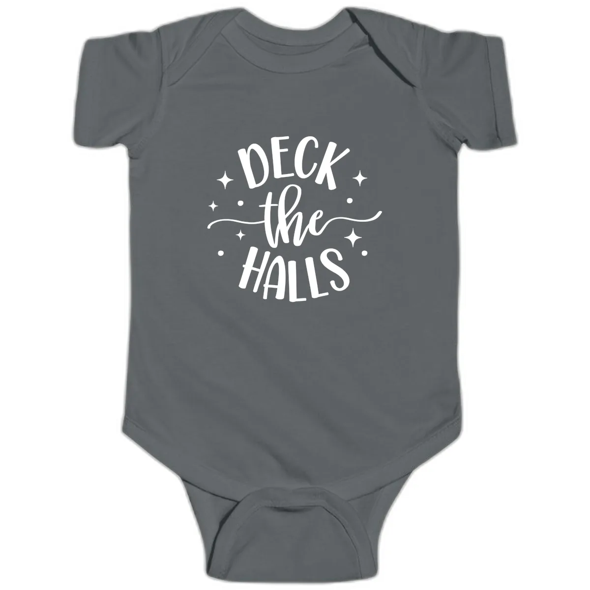 Deck The Halls Holiday Typography Baby Onesie in Charcoal