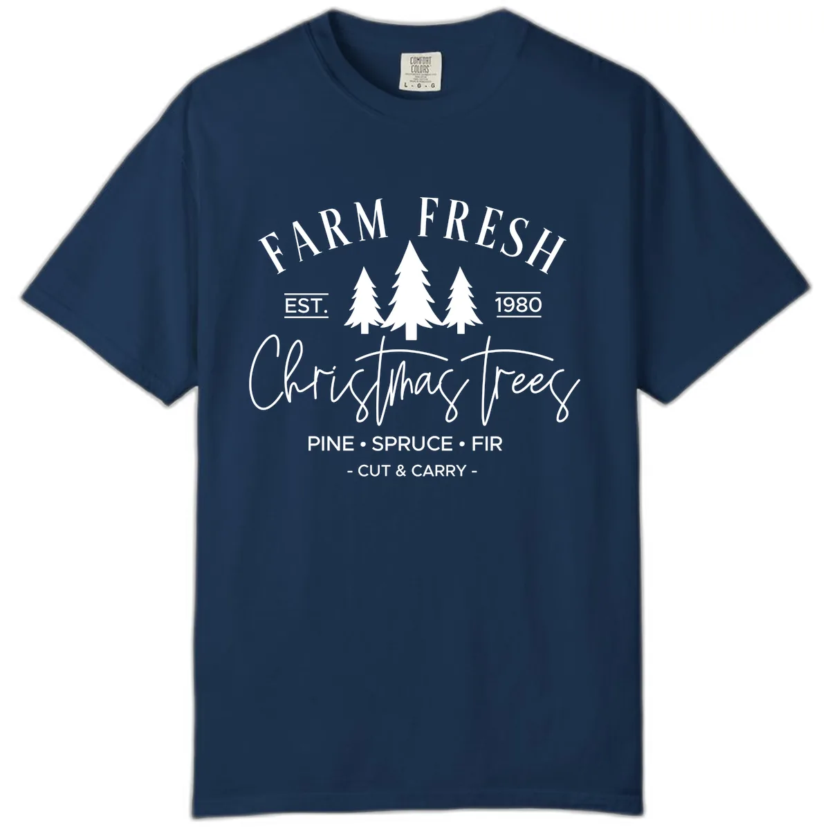 Farm Fresh Christmas Trees Est 1980 Comfort Color in Navy