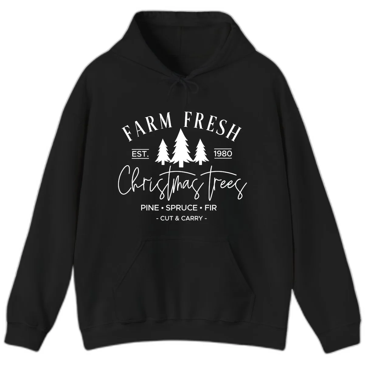 Farm Fresh Christmas Trees Est 1980 Hoodie in Black