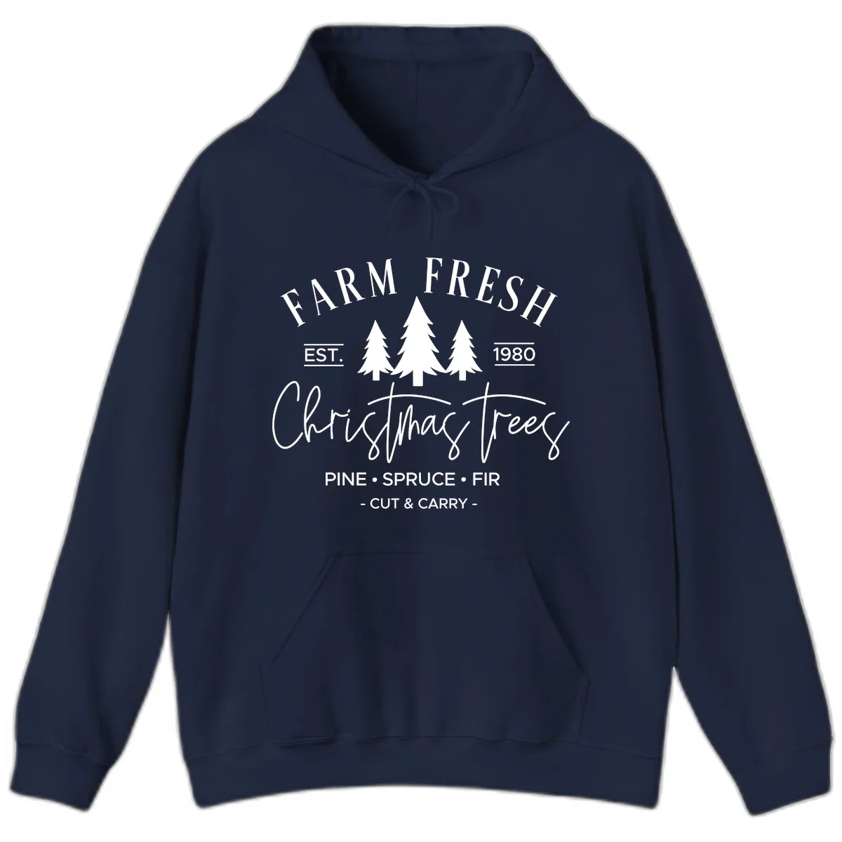 Farm Fresh Christmas Trees Est 1980 Hoodie in Navy