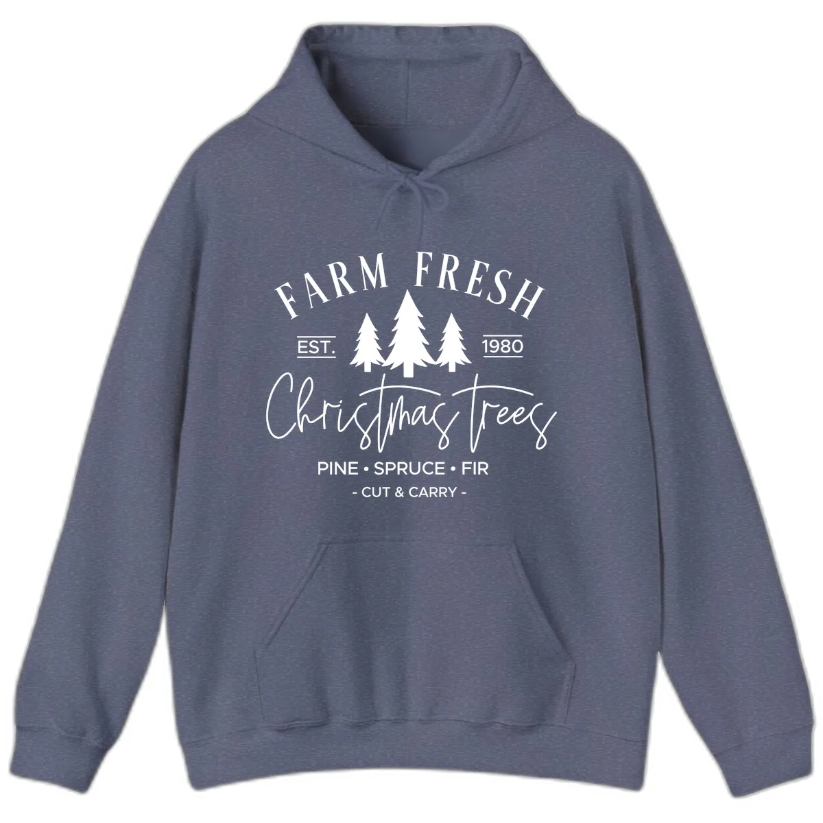 Farm Fresh Christmas Trees Est 1980 Hoodie in Heather Navy