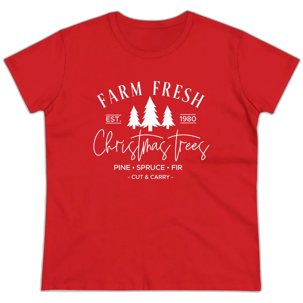 Farm Fresh Christmas Trees Est 1980 Ladies Tee in Red
