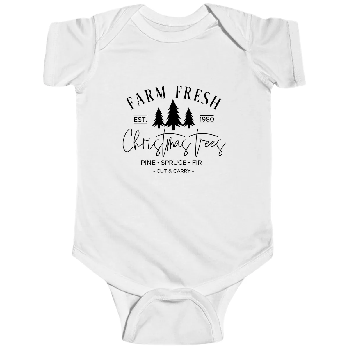 Farm Fresh Christmas Trees Est 1980 Baby Onesie in White